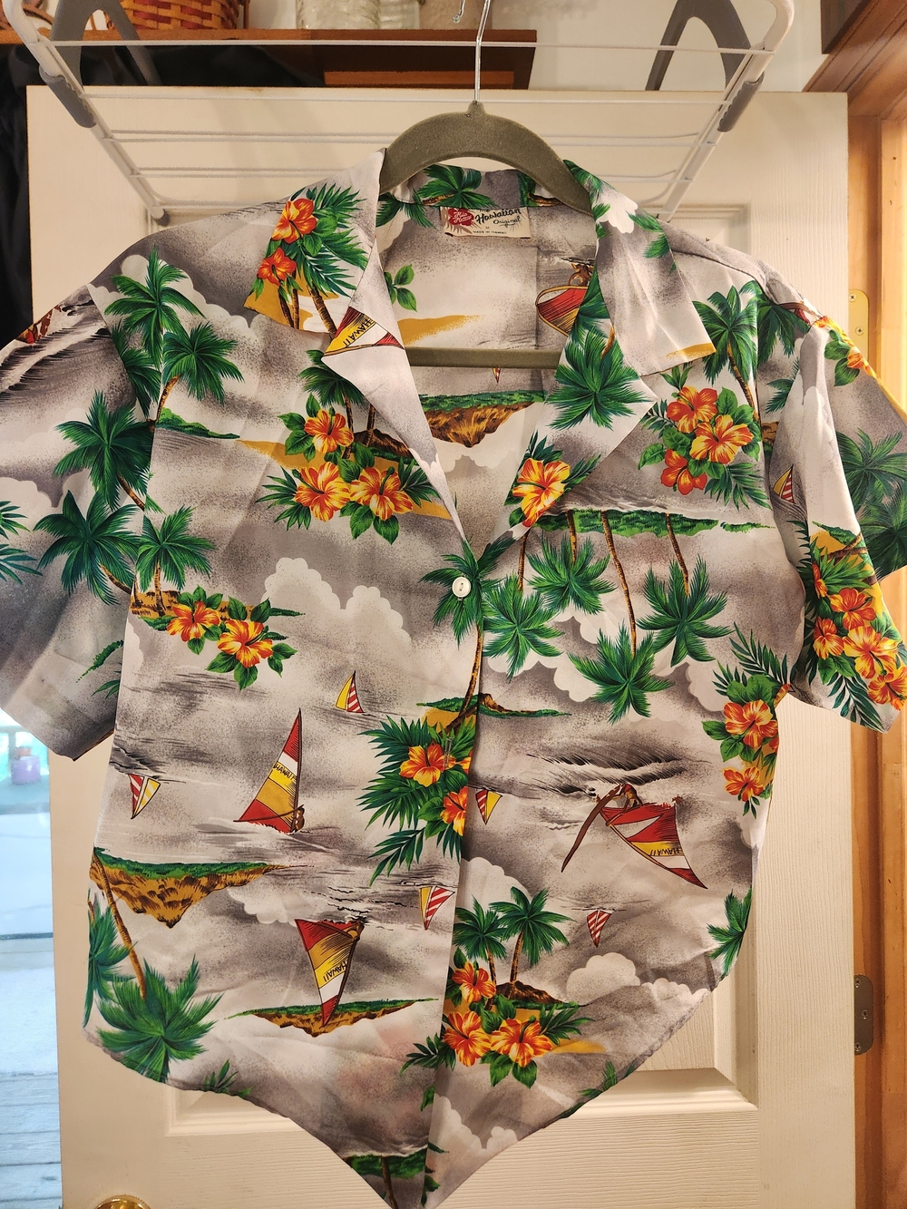 Hilo Hattie Tropical Palm & Hibiscus Button-Down Shirt - Green, Yellow, Gray